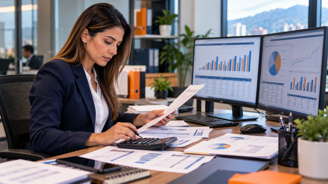 Analista revisando informes con calculadora y gráficos financieros