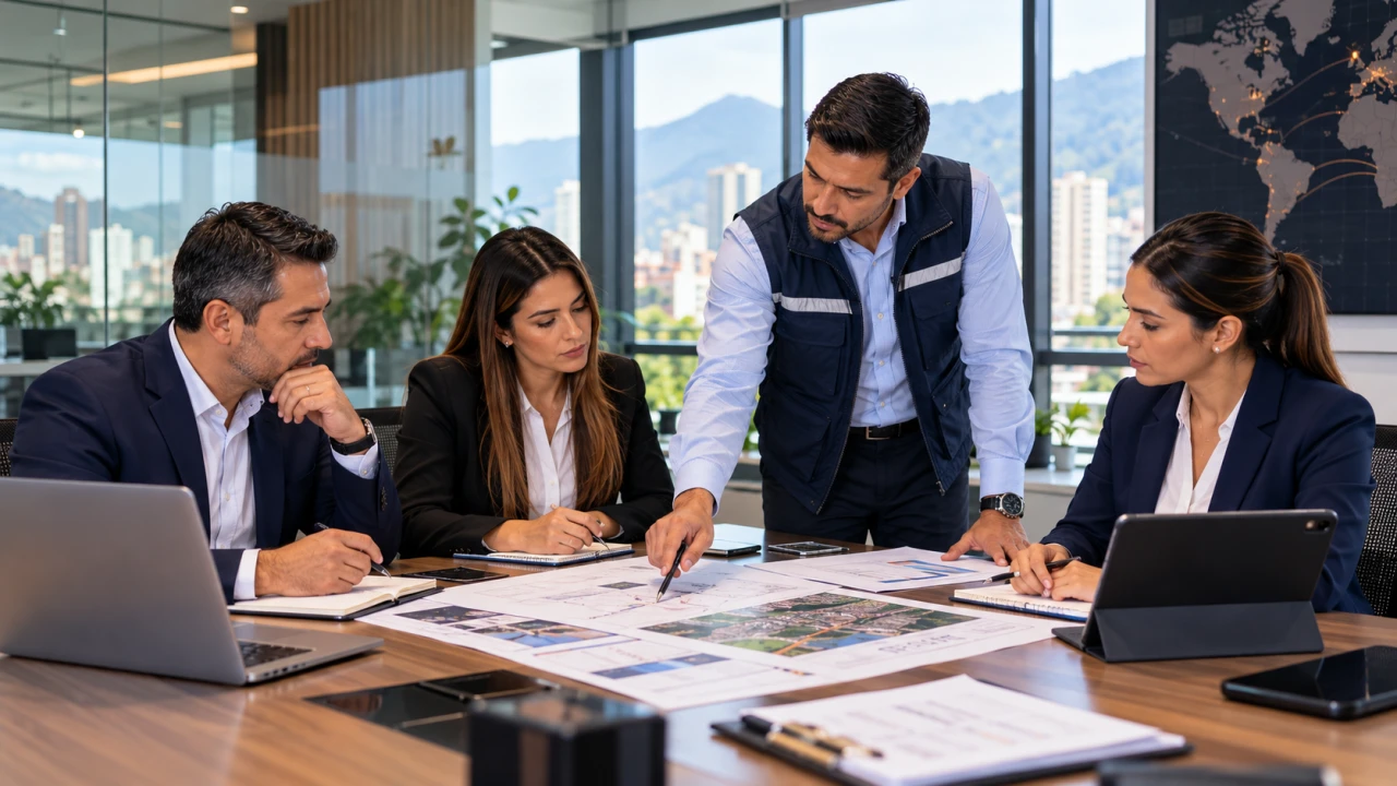 Equipo de profesionales revisando mapas e informes durante una reunión de planificación