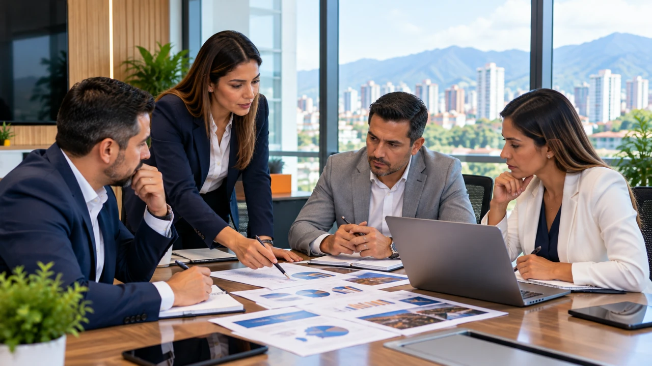 Profesionales contrastando informes y gráficos en una reunión corporativa