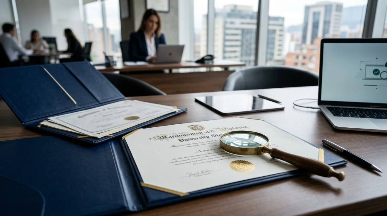 Diplomas y certificaciones educativas junto a una lupa en una oficina