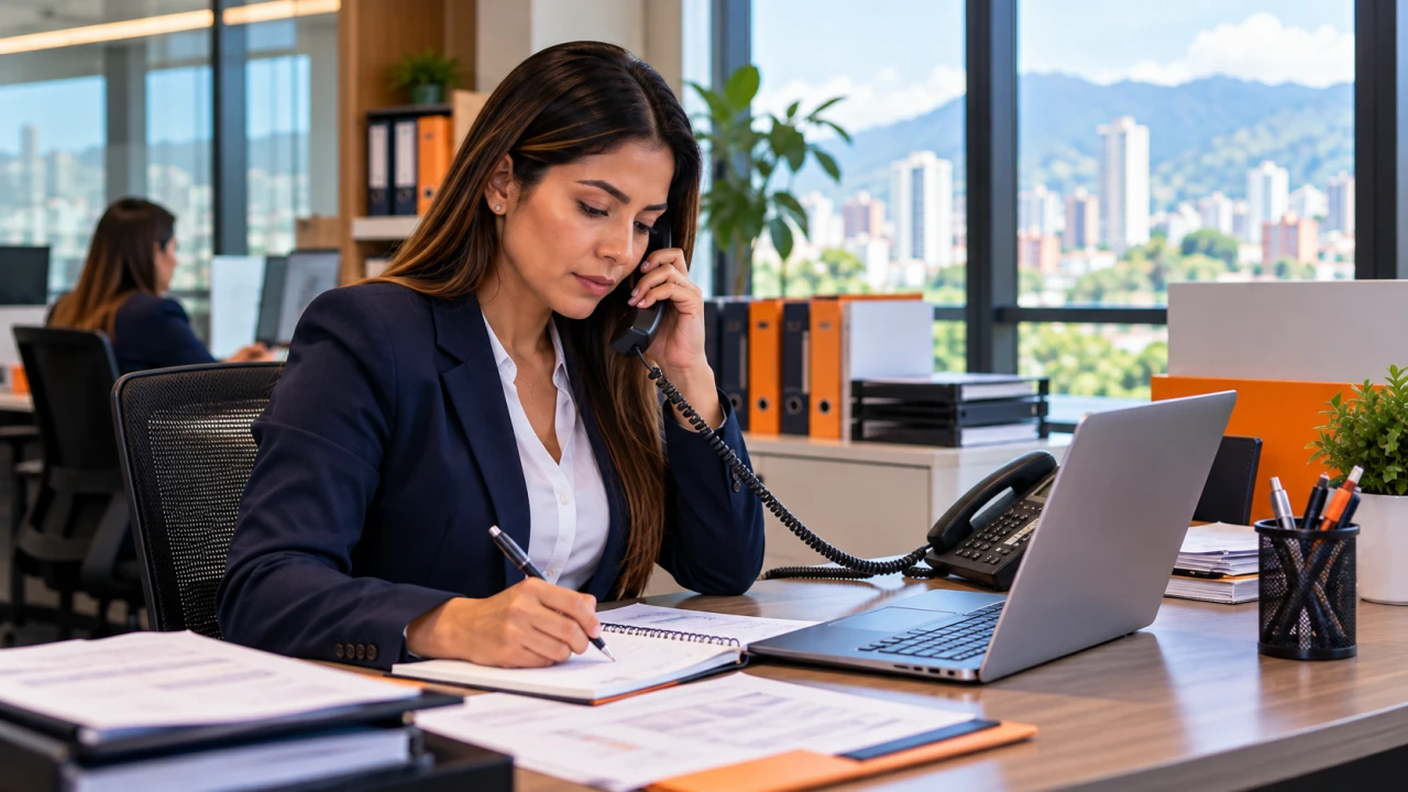 Analista registrando información durante una consulta telefónica en una oficina