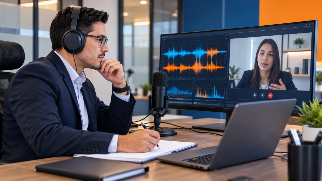 Profesional con micrófono y auriculares realizando una entrevista remota junto a registros vocales