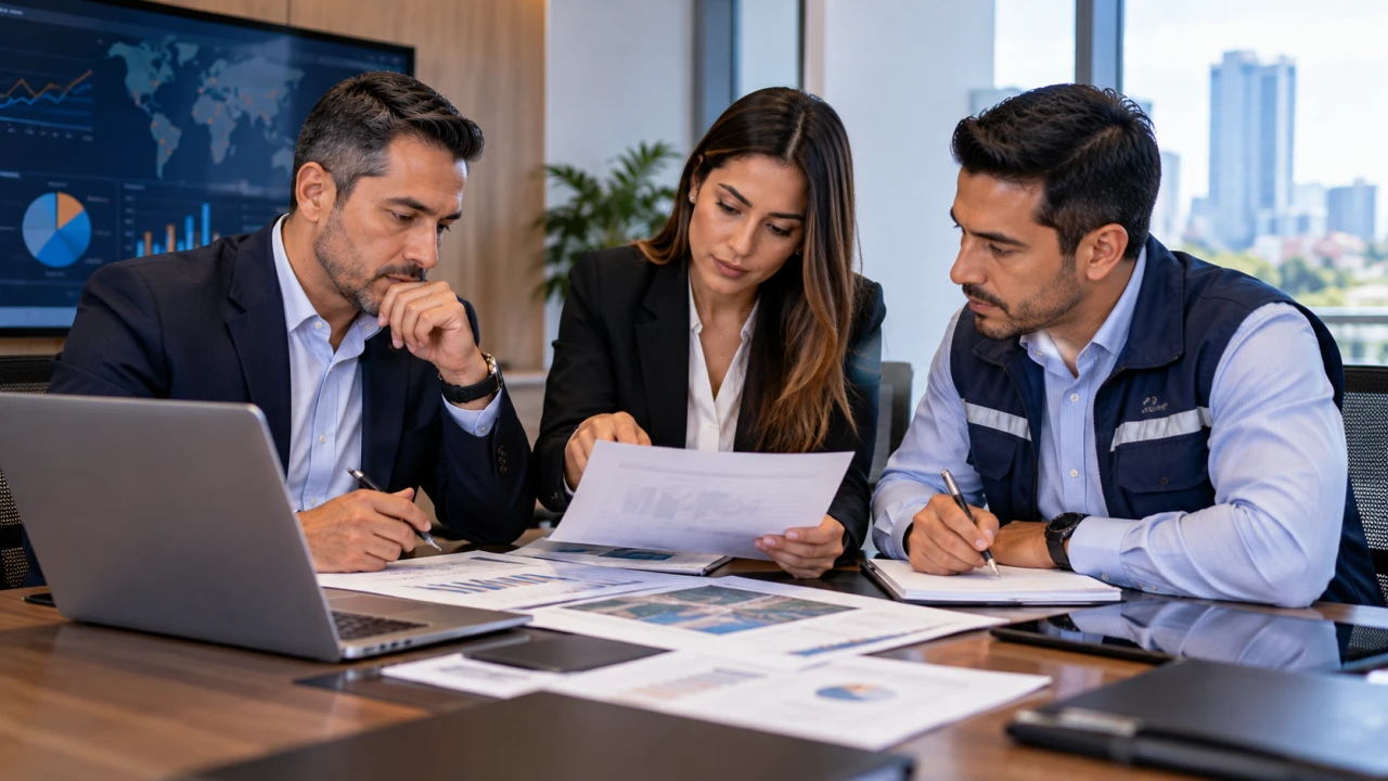 Equipo revisando informes y gráficos empresariales