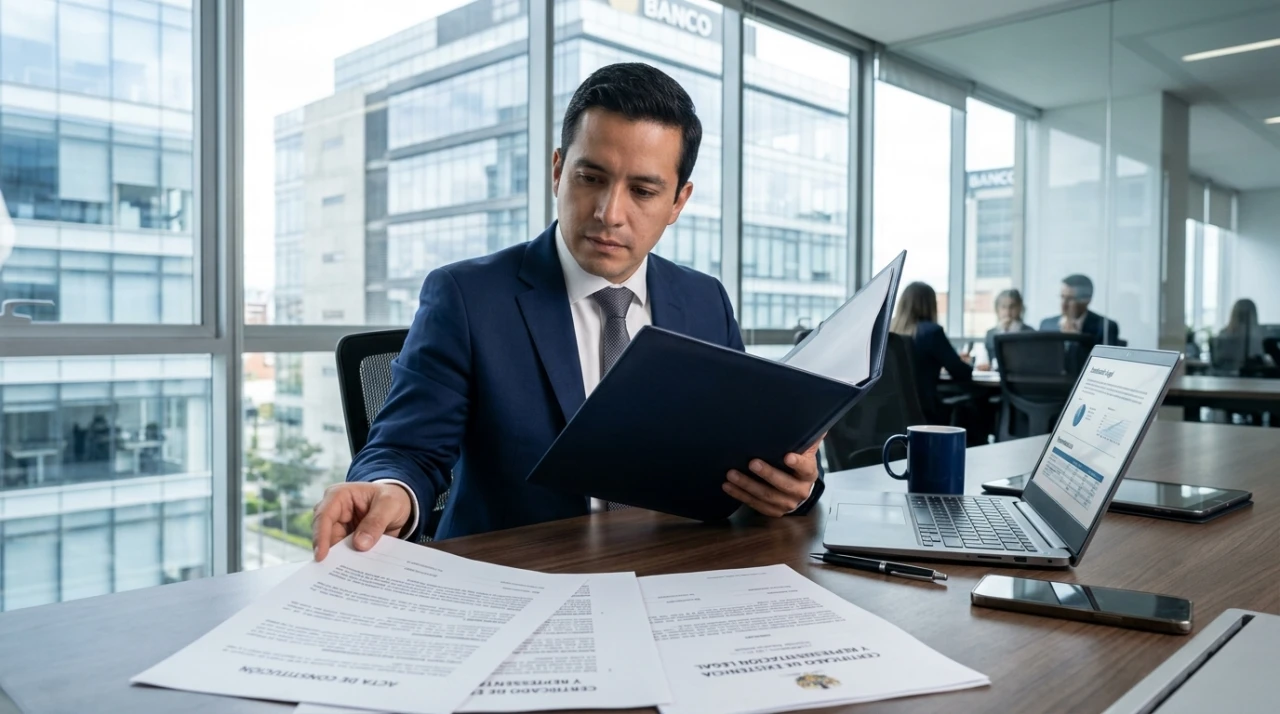 Profesional revisando documentos de constitución empresarial en una oficina
