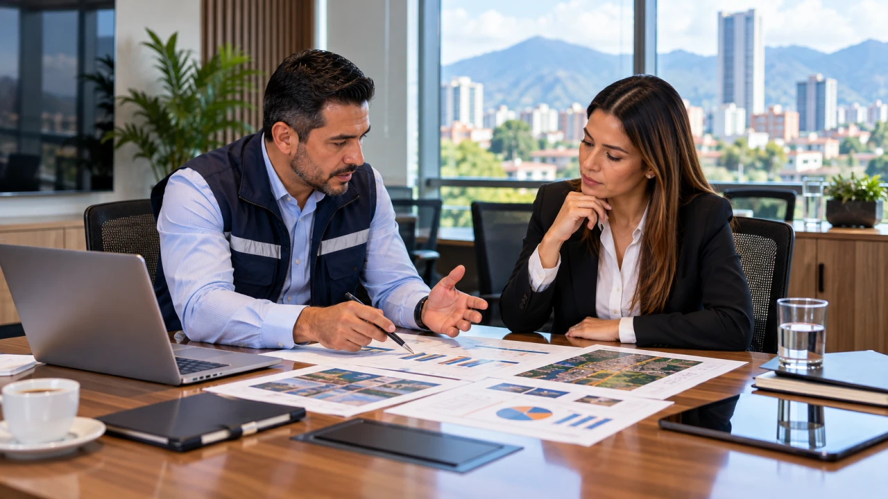 Dos profesionales analizando informes y mapas durante una asesoría empresarial