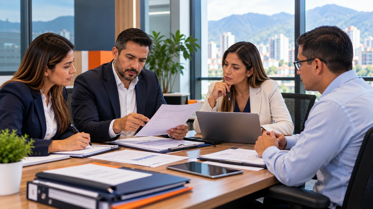 Equipo colaborando en la revisión de documentos durante una reunión de planificación