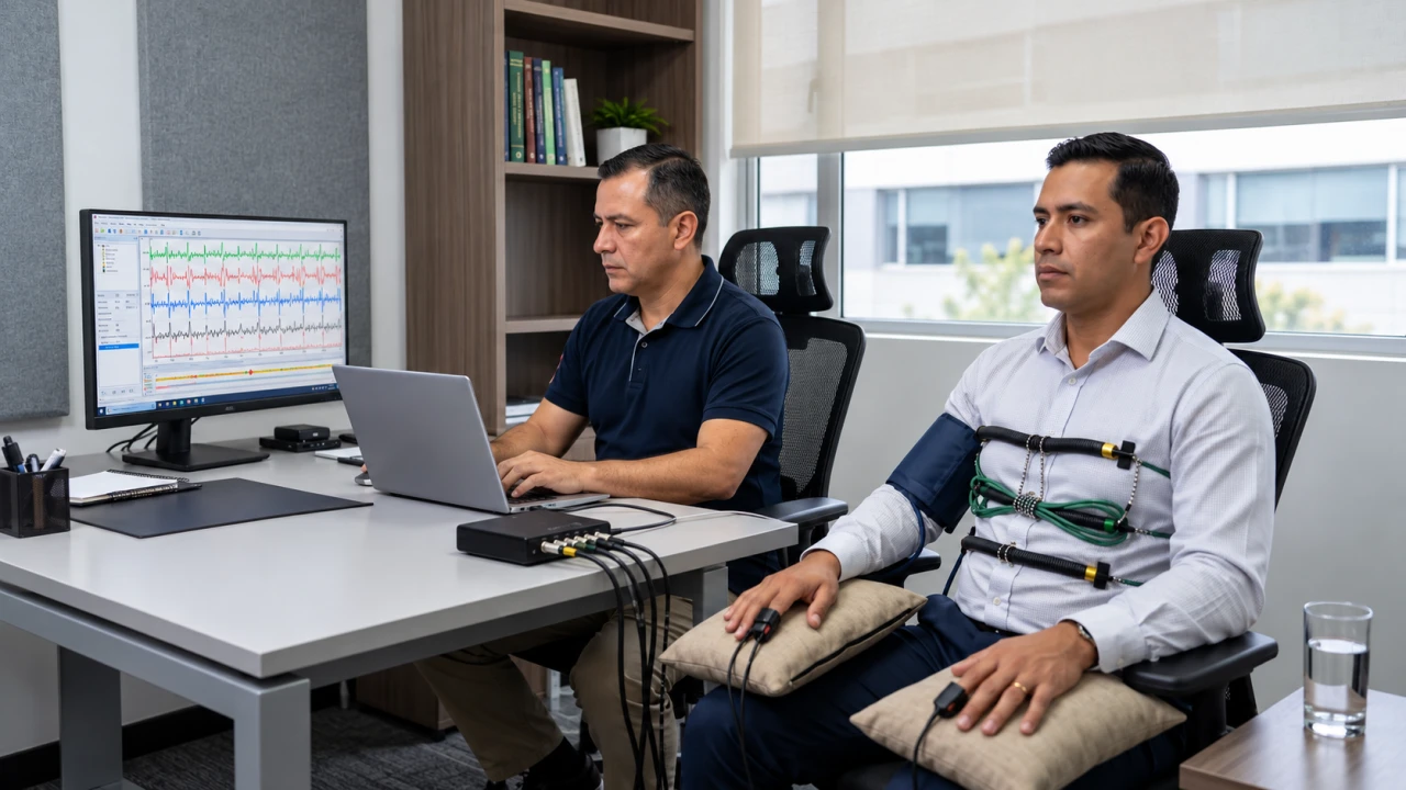 Evaluador realizando una prueba poligráfica con sensores fisiológicos y registros en pantalla