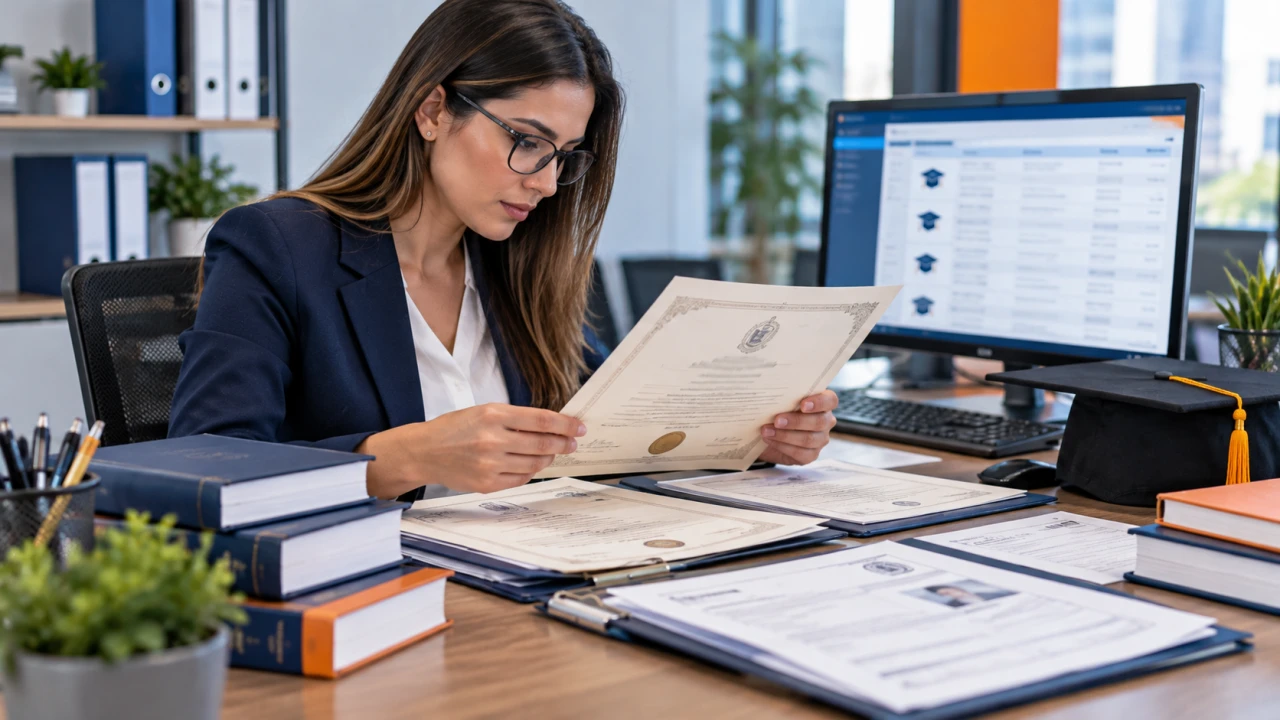 Profesional revisando un diploma junto a registros académicos en una oficina
