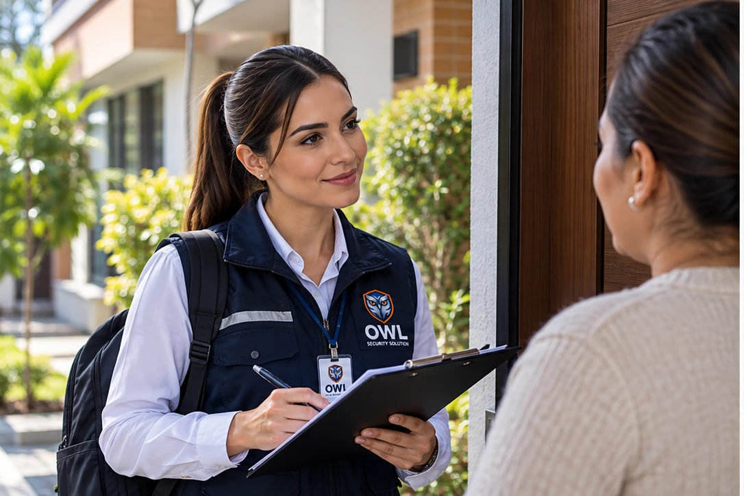 Profesional mujer de OWL entrevistando a una residente en la entrada de su vivienda