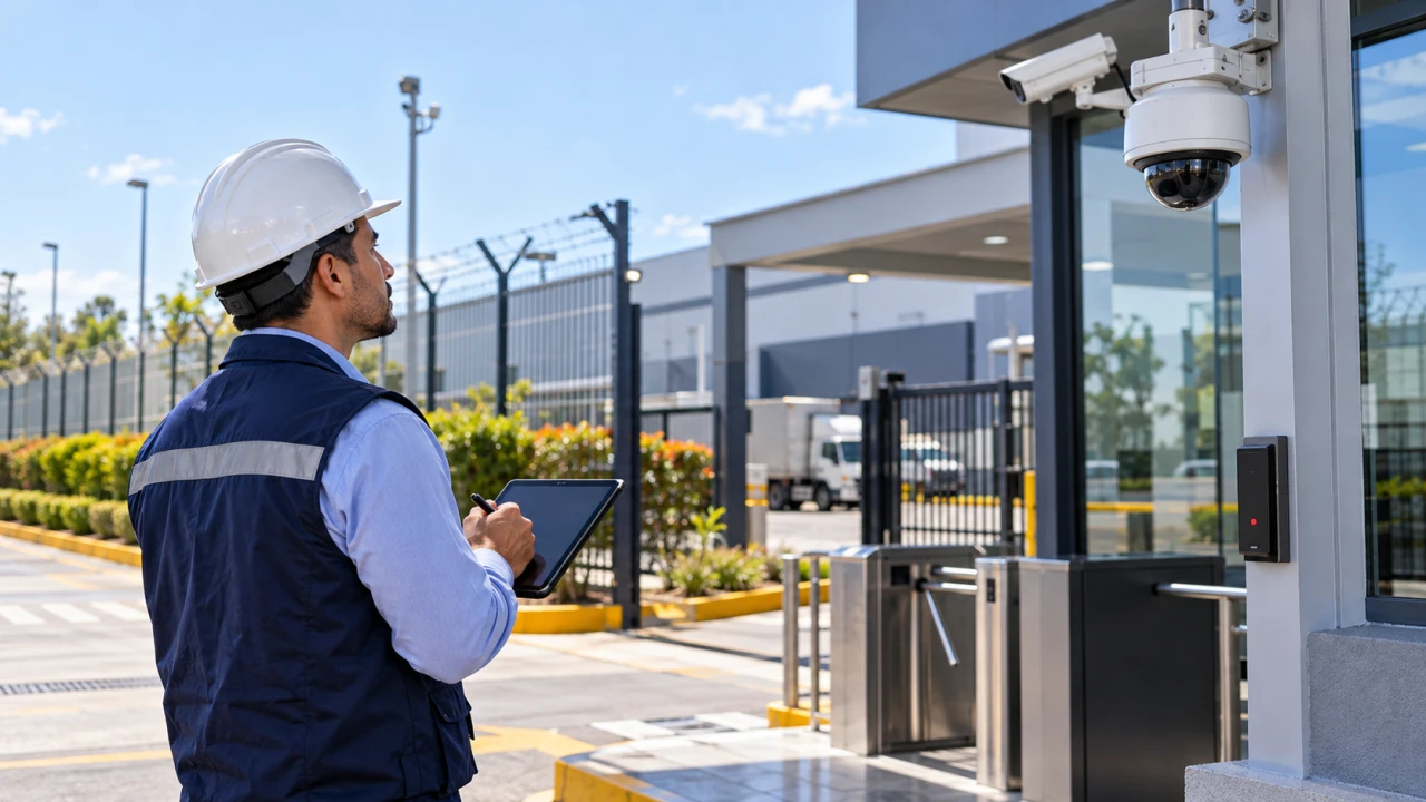 Profesional inspeccionando cámaras, acceso y perímetro de un complejo industrial